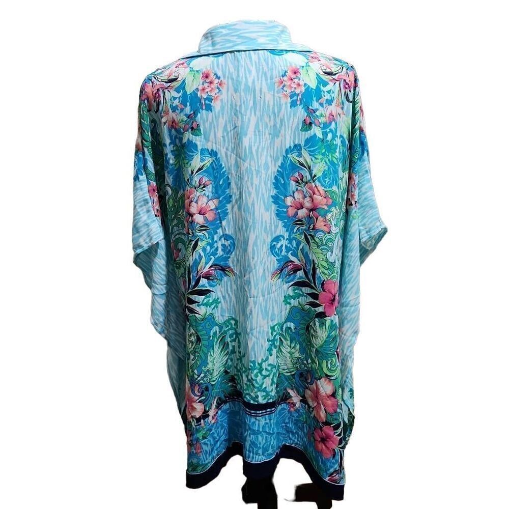 Tommy Bahama Ladies Sz L/XL Aqua Fleur De Flora Boyfriend Button Down Tunic - Picture 3 of 7